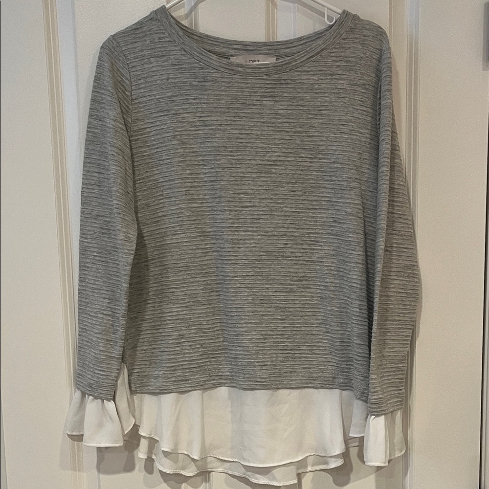 LOFT Gray and White Layered Long Sleeve Top